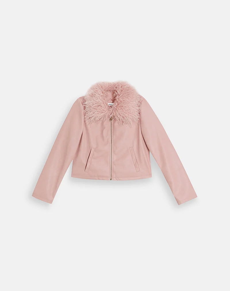 Veste Saku en cuir synthétique rose poudré avec col en fausse fourrure