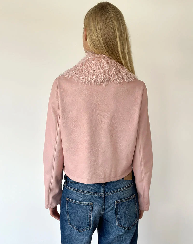 Veste Saku en cuir synthétique rose poudré avec col en fausse fourrure