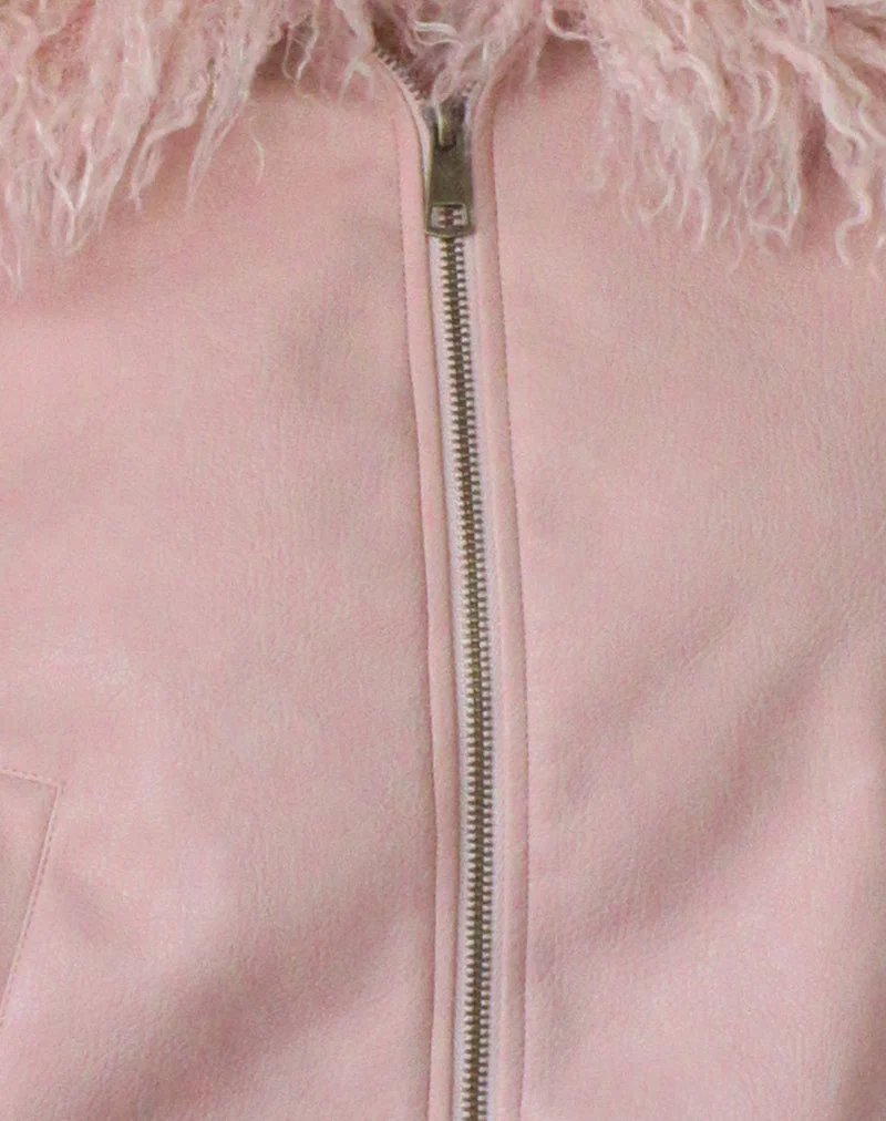Veste Saku en cuir synthétique rose poudré avec col en fausse fourrure