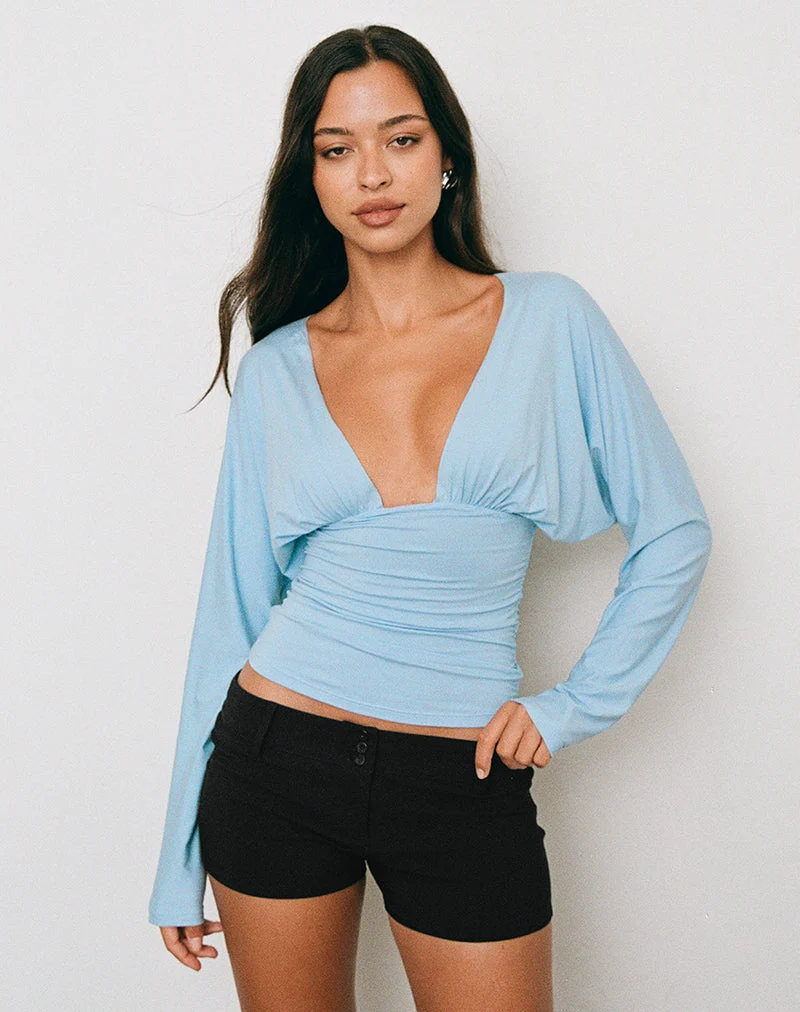 Haut Lilro à manches longues, décolleté plongeant et manches chauve-souris, couleur bleu frais