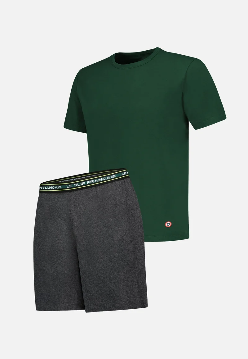 Ensemble pyjama haut et short en coton - Pyjama Haut Manches Courtes Formidable Vert Forêt Et Bas De Pyjama Court Invincible Gris Anthracite