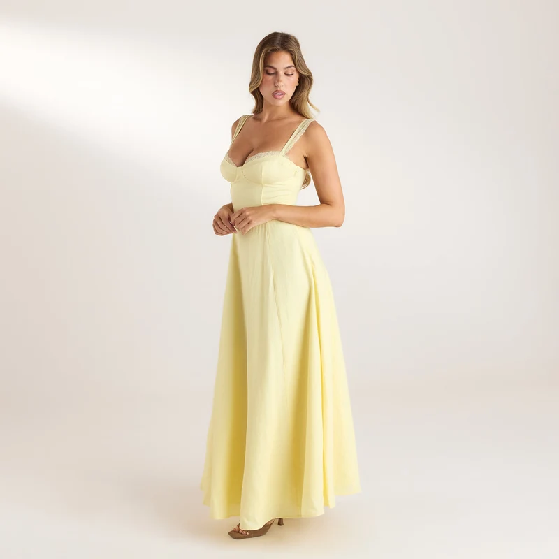 Robe Maxi avec Bordure en Dentelle - Jaune Citron