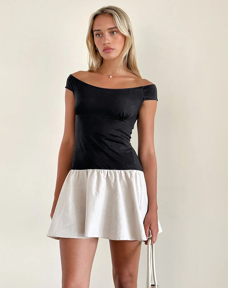 Mini robe Yael, lin lycra noir et écru