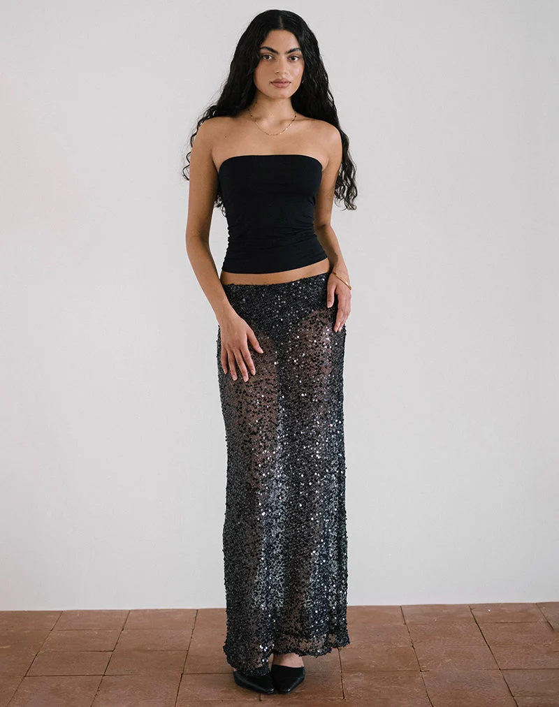 Jupe longue Vanessa en maille pailletée noire