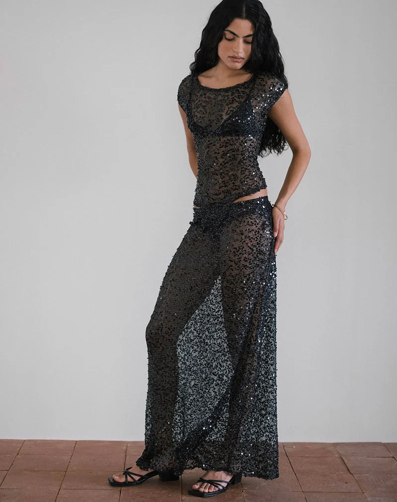 Jupe longue Vanessa en maille pailletée noire