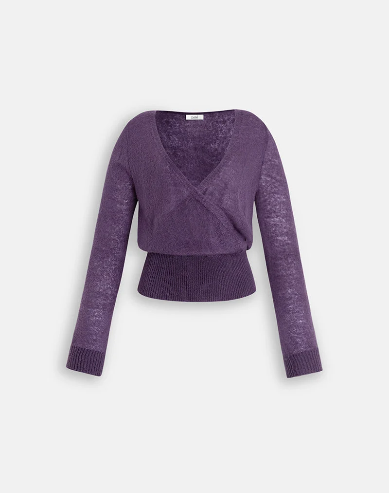 Haut croisé Nilza en maille violet foncé