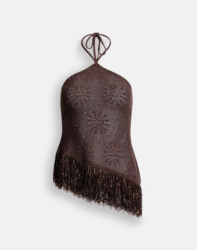 Haut Masina à ourlet frangé en maille à paillettes marron