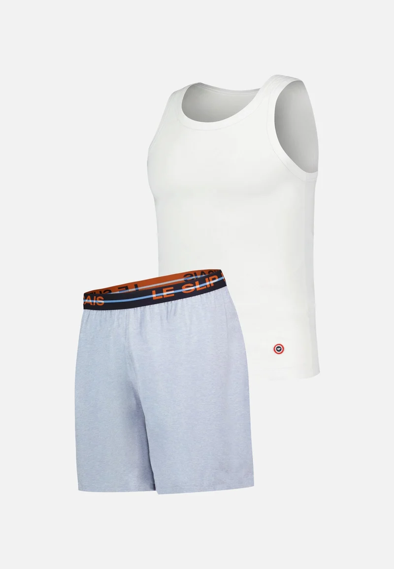 Ensemble pyjama débardeur et short en coton - Pyjama Haut Sans Manches Fulminant Blanc Et Bas De Pyjama Court Invincible Bleu Ciel Chiné