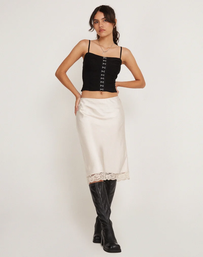 Jupe midi Resira en satin ivoire perlé avec dentelle