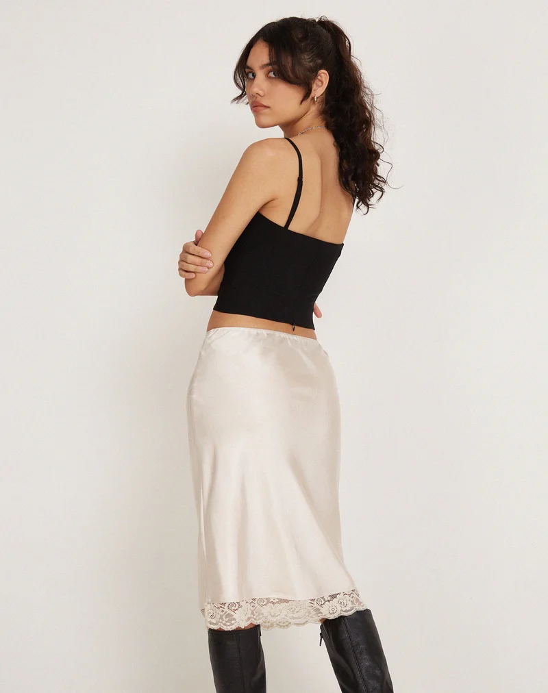 Jupe midi Resira en satin ivoire perlé avec dentelle