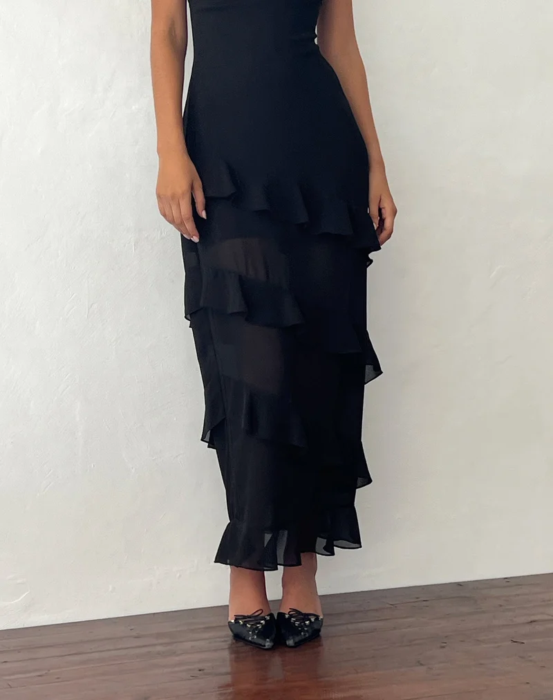 Otna - Robe longue en mousseline à volants - Noir