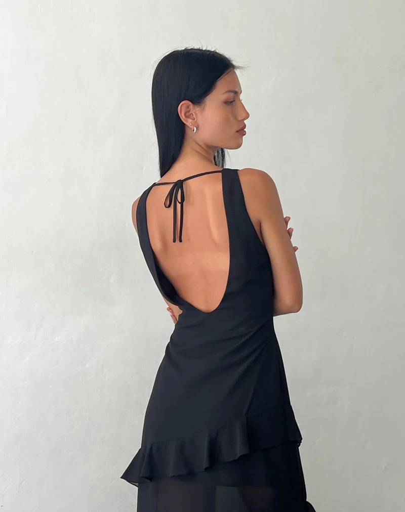 Otna - Robe longue en mousseline à volants - Noir
