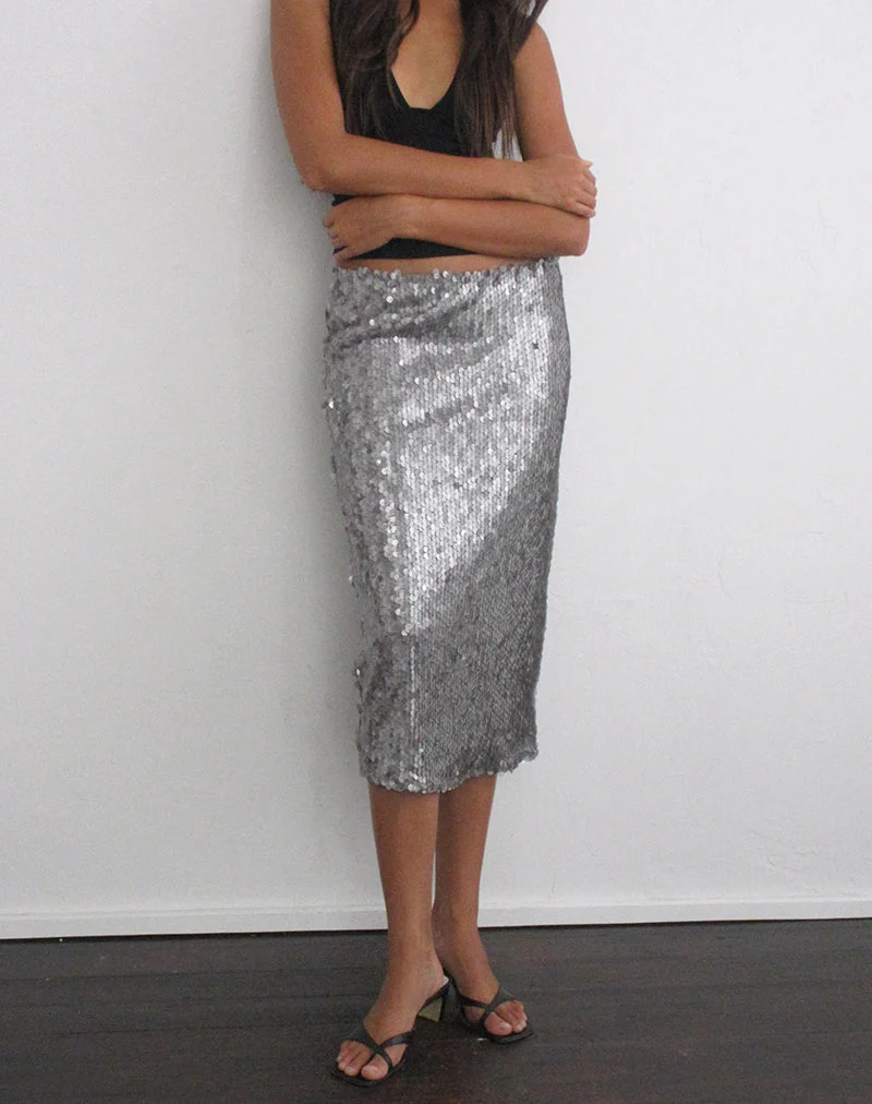 Jupe midi « Slip » Jihyo, argentée à paillettes en forme de disques