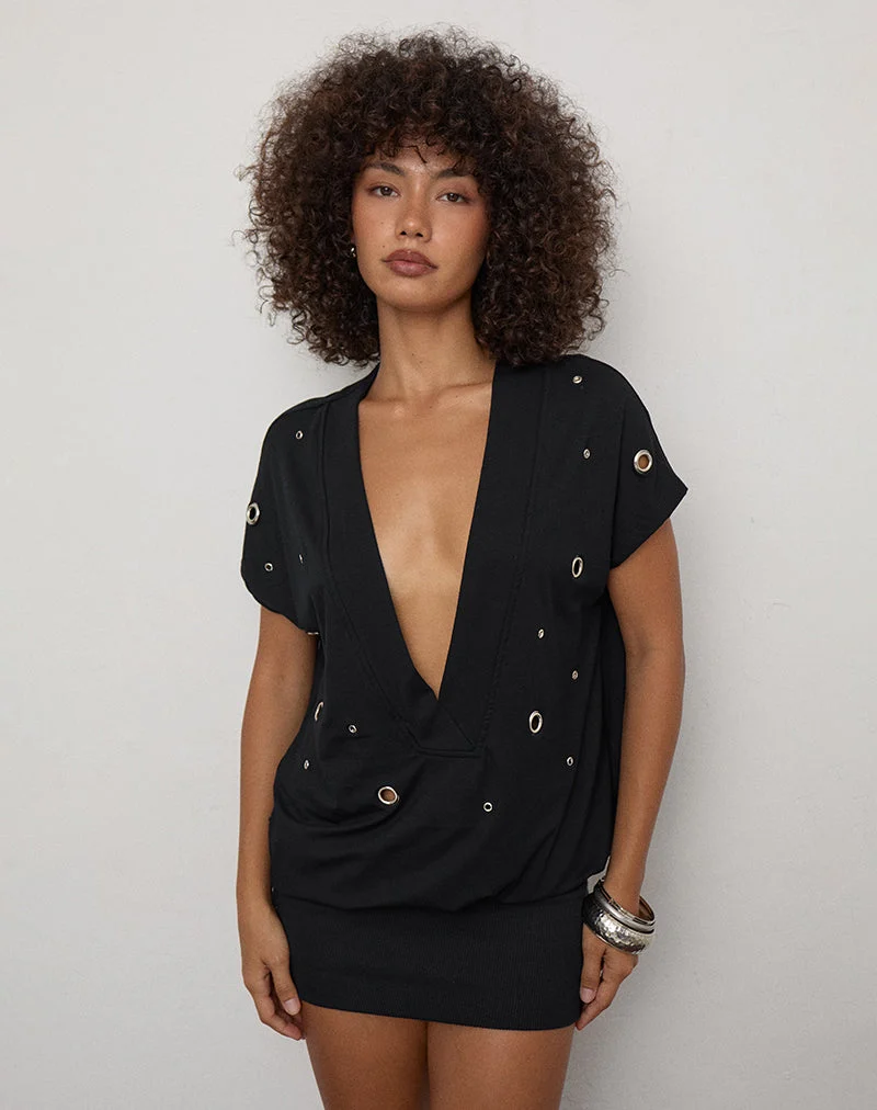 Robe Chukaya à œillets en jersey de rayonne, noire