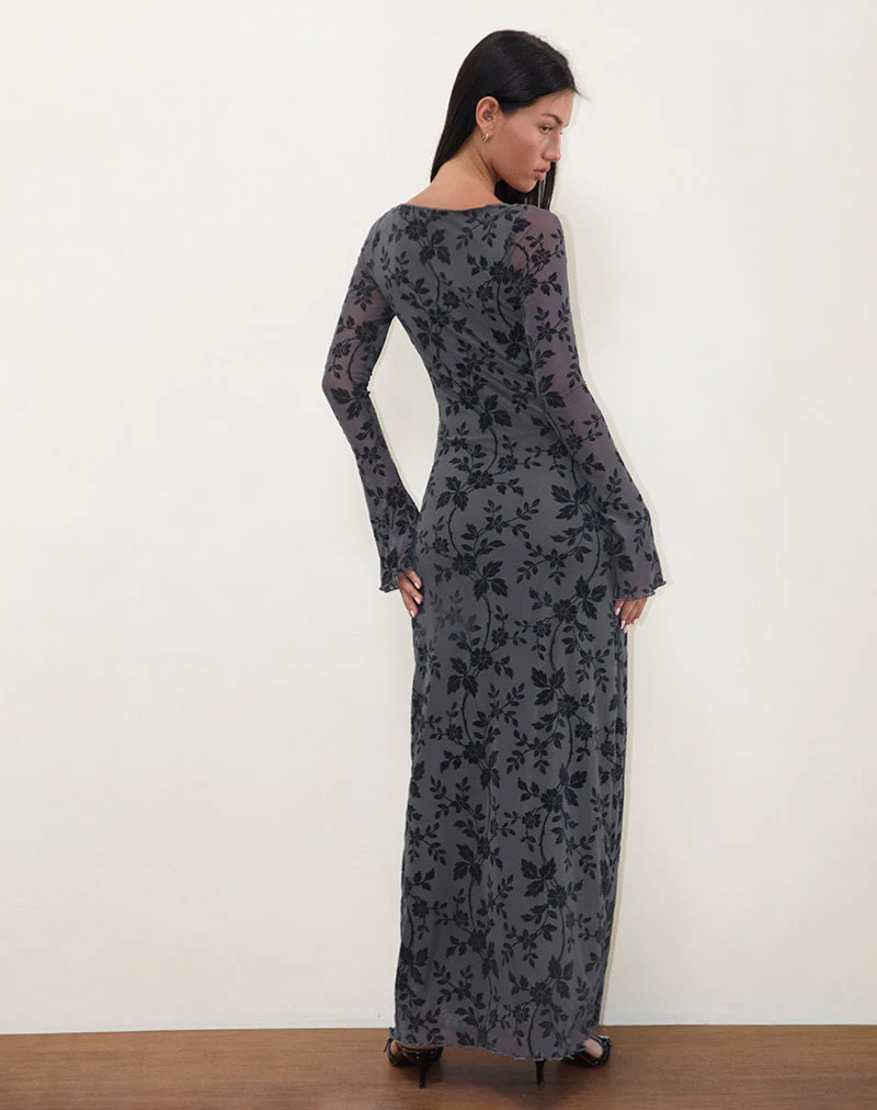 Slokya Long Sleeve Maxi Dress in Vine Floral Flock Ocean Storm (Robe longue à manches longues en flocon de fleurs de vigne)