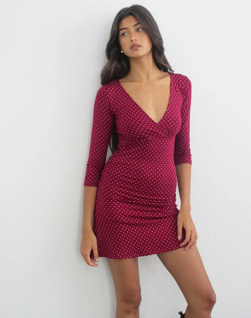 Mini-robe Trudita couleur vin à micro-motifs à pois roses