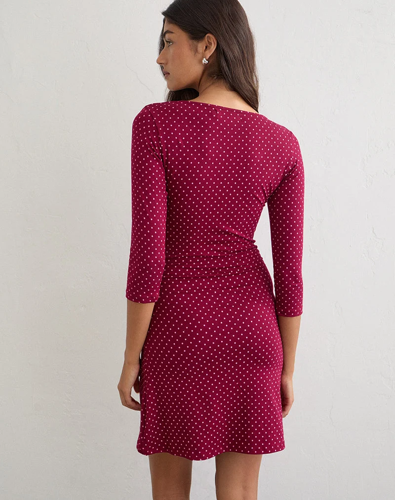 Mini-robe Trudita couleur vin à micro-motifs à pois roses