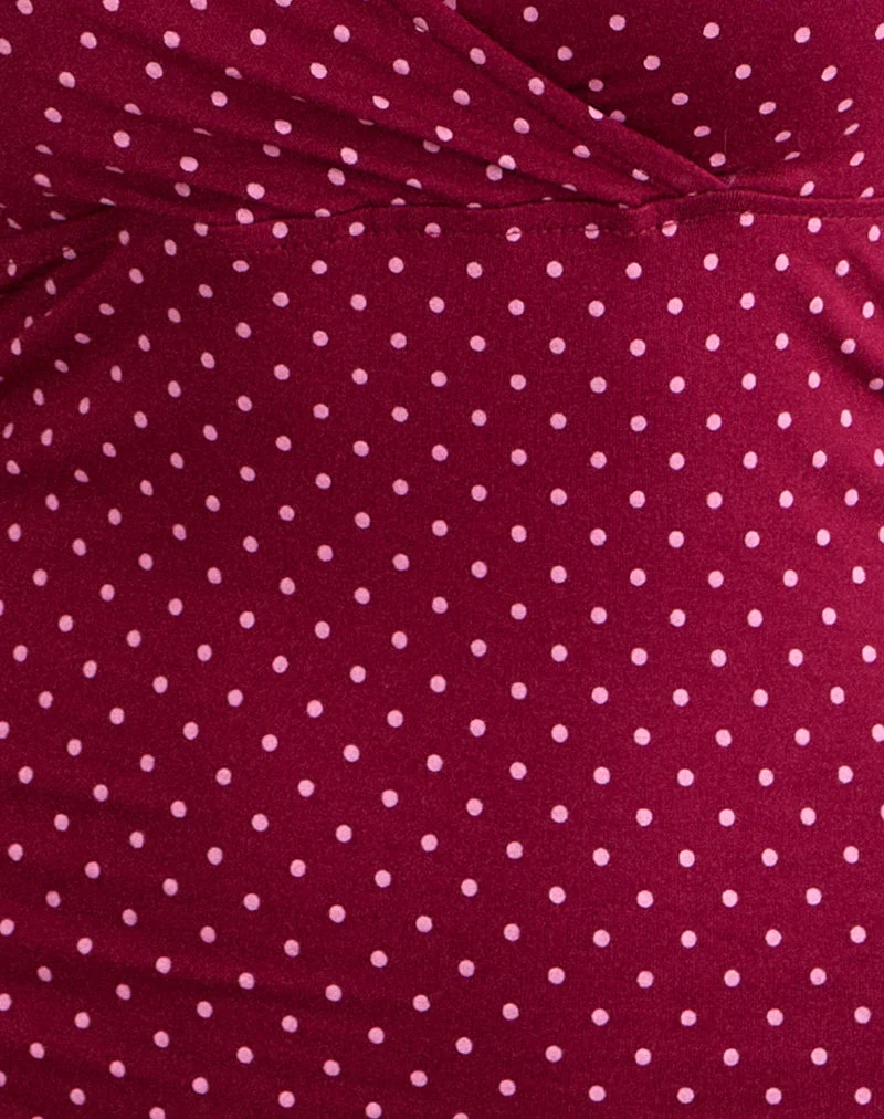 Mini-robe Trudita couleur vin à micro-motifs à pois roses