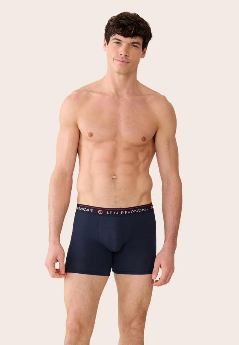 Lot de 3 boxers longs en coton - Boxers Longs Rayures Coq Bleu Ciel Chiné Marine