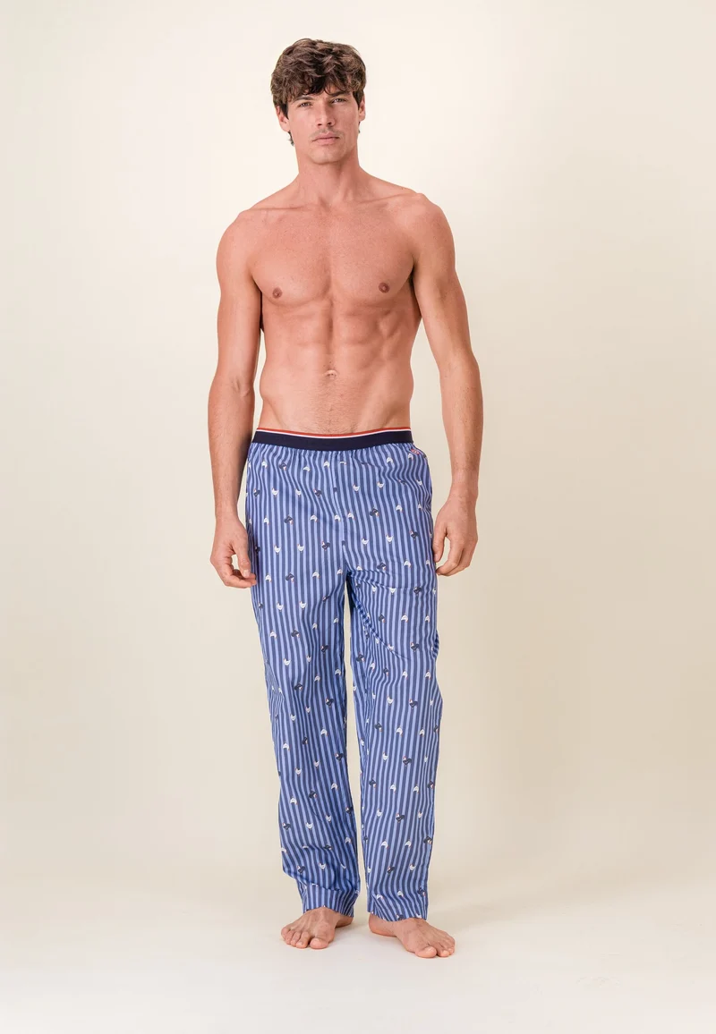 Bas de pyjama long à motif rayure coq bleu acier en coton - Bastien Rayure Coq Bleu Acier
