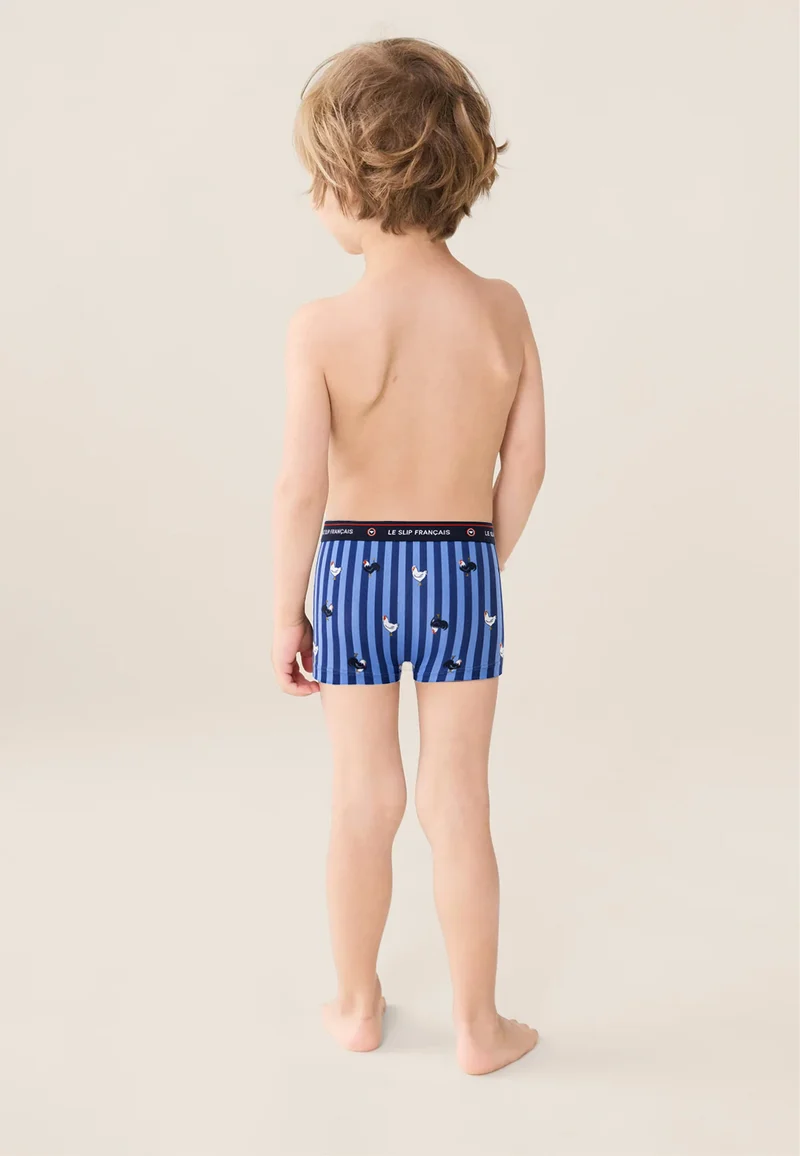 Boxer enfant à motif rayure coq bleu acier en coton - Petit Joseph Rayure Coq Bleu Acier