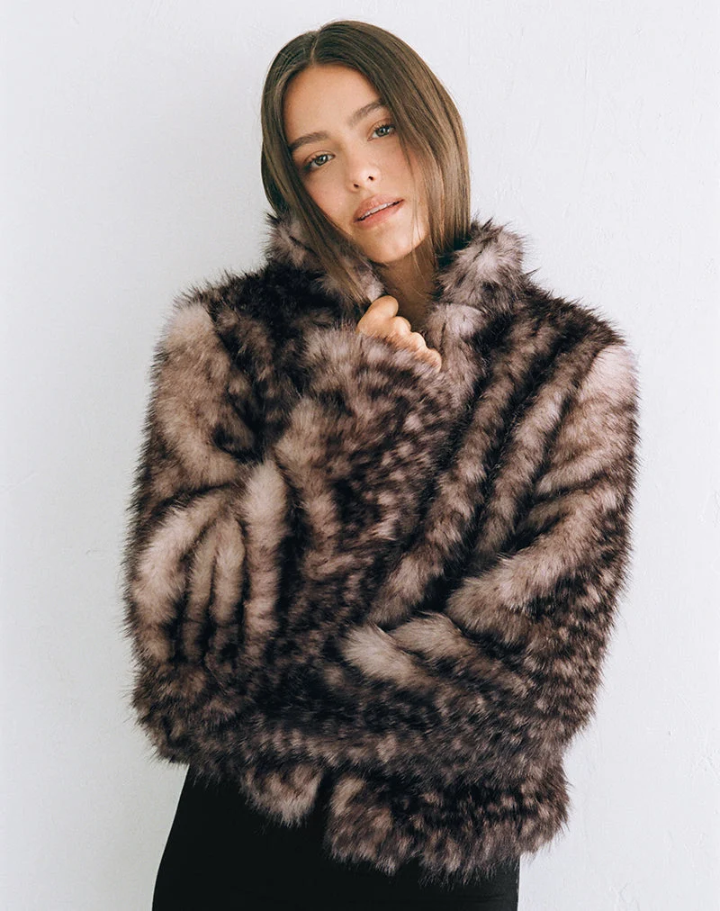 Veste Jérôme en fausse fourrure marron à motifs polka animaliers