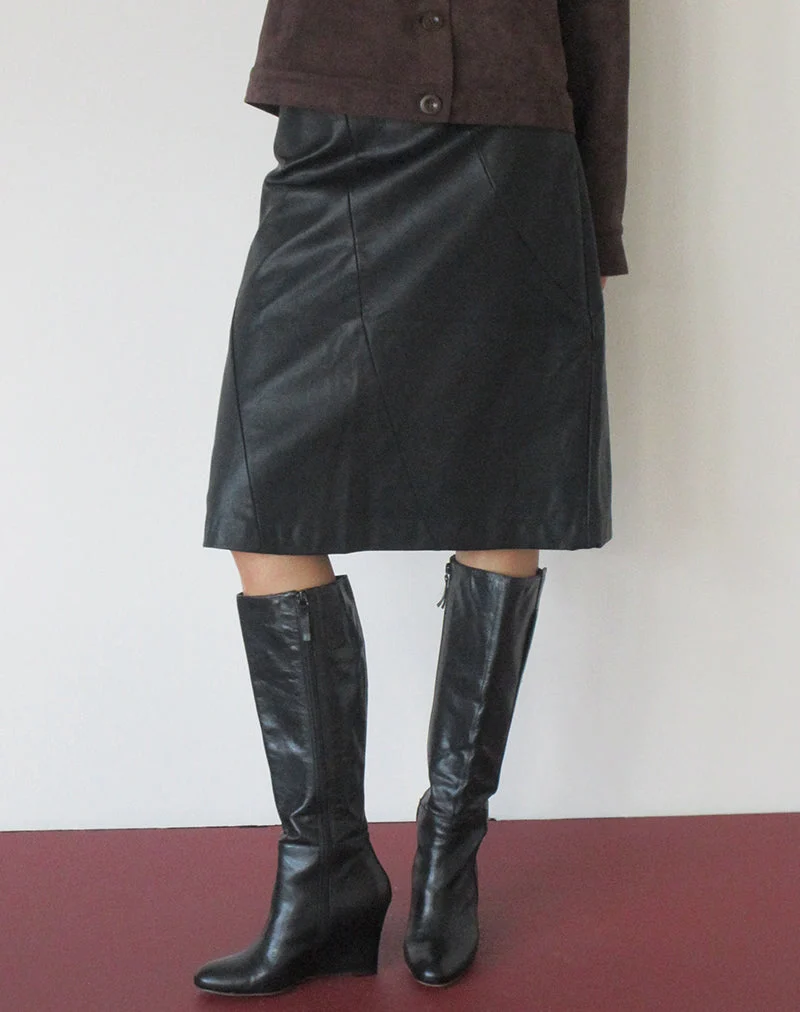 Jupe crayon mi-longue Damine en simili cuir noir