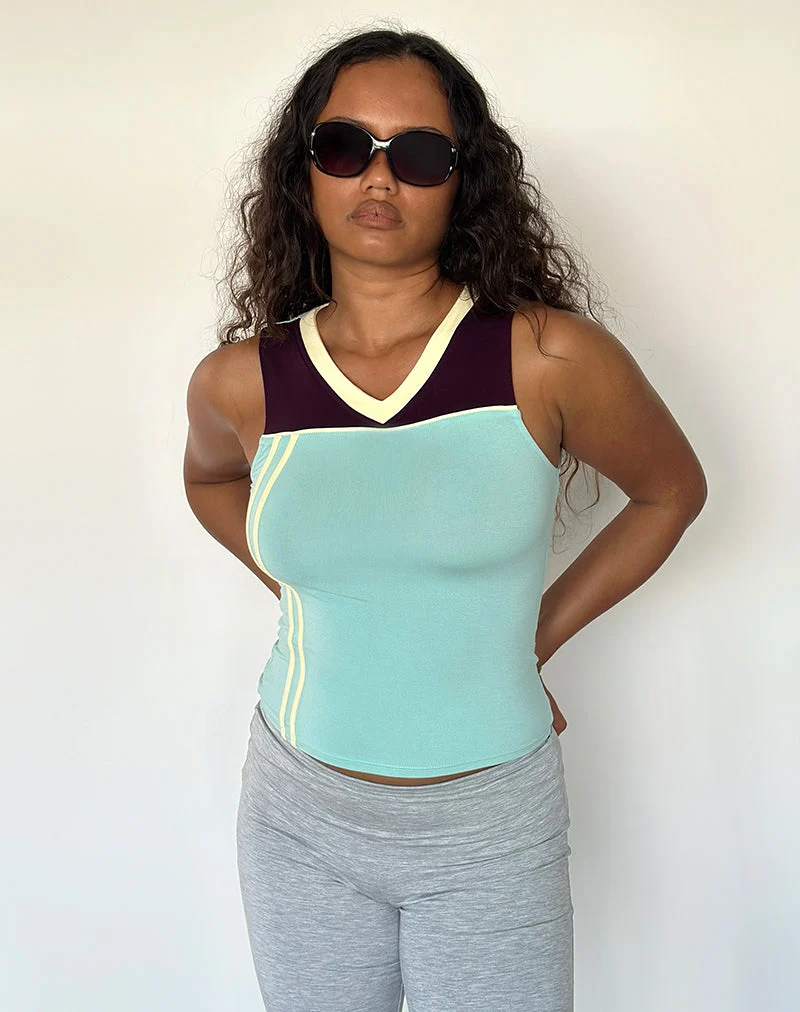 Haut Alba couleur aqua et figue, avec bordure couleur citron