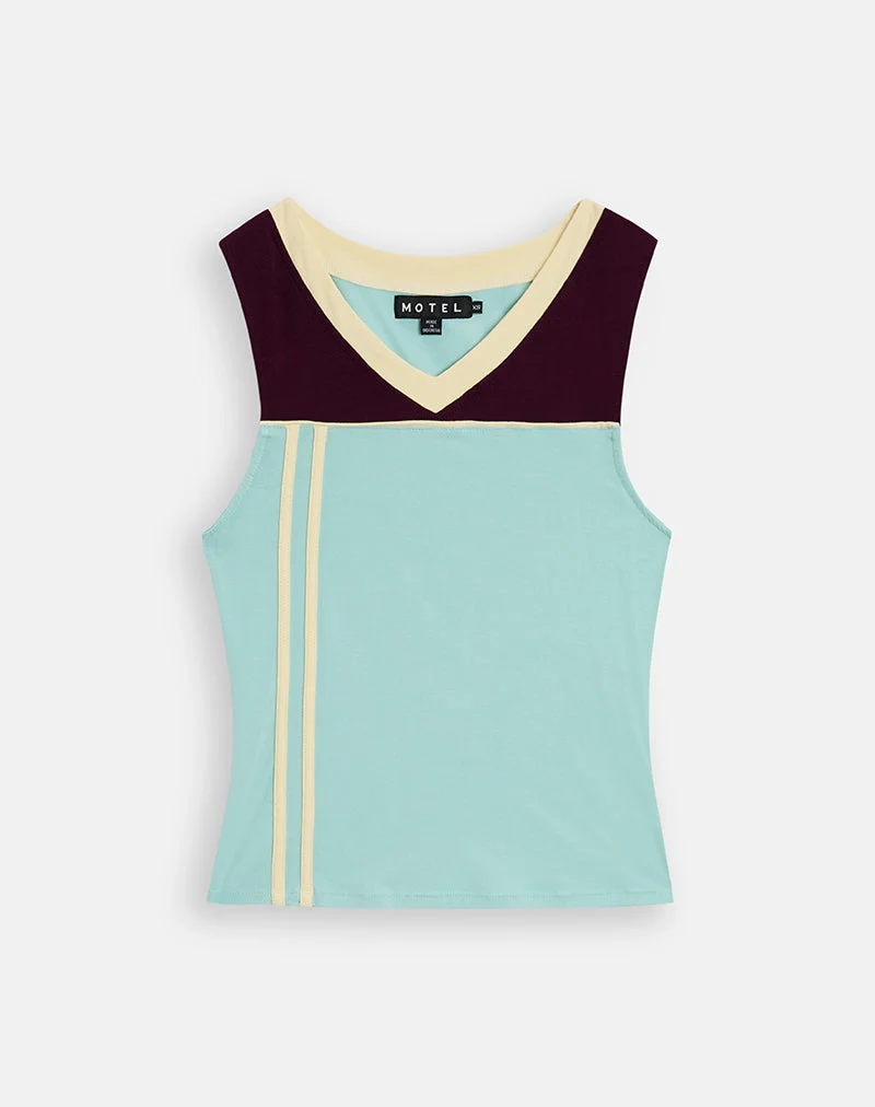 Haut Alba couleur aqua et figue, avec bordure couleur citron