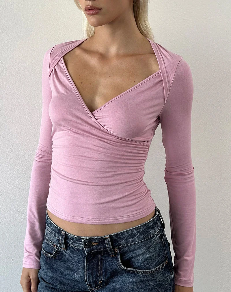 Haut croisé à manches longues Migu, couleur Coral Blush