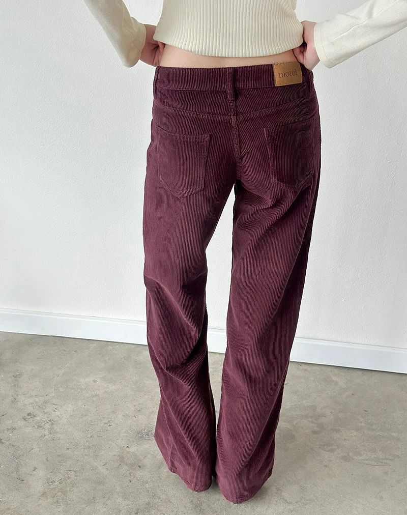Pantalon parallèle taille basse en velours côtelé bordeaux