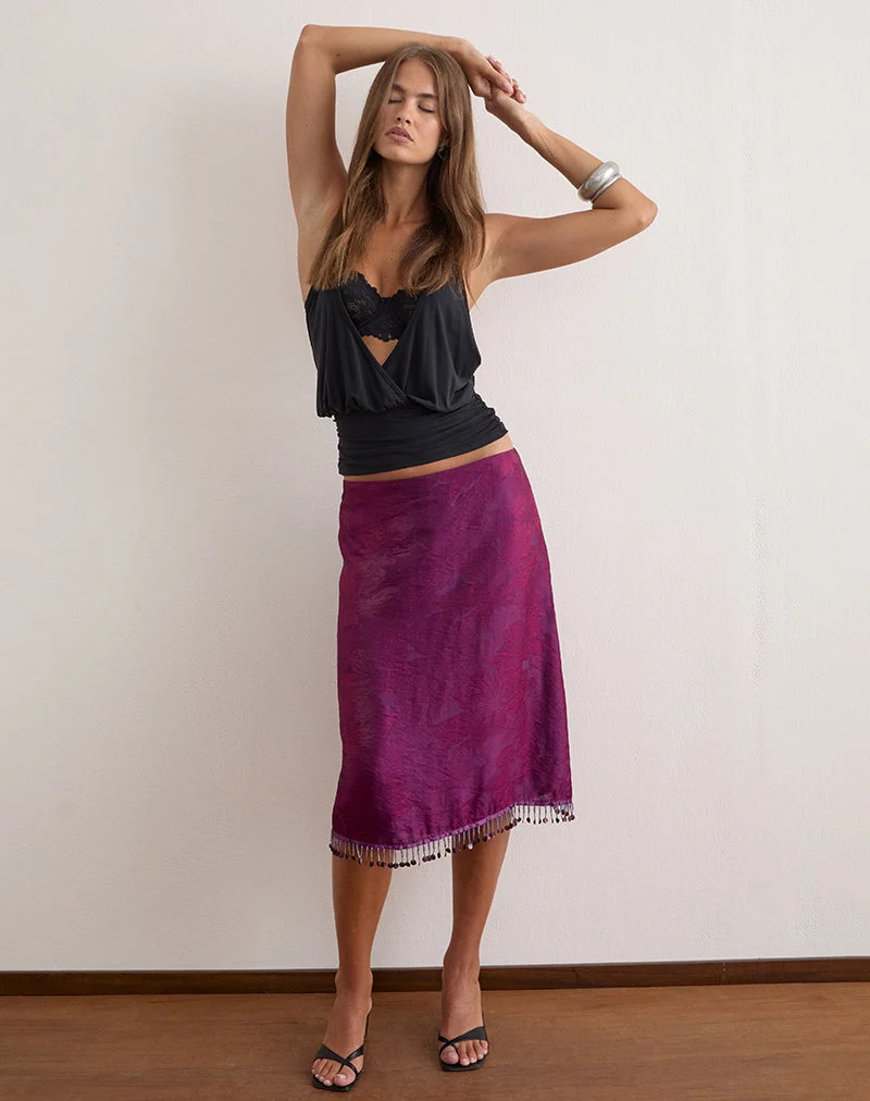 Jupe mi-longue Muriela en mousseline pailletée, violet foncé