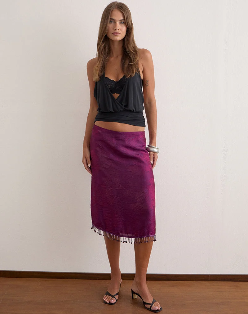 Jupe mi-longue Muriela en mousseline pailletée, violet foncé