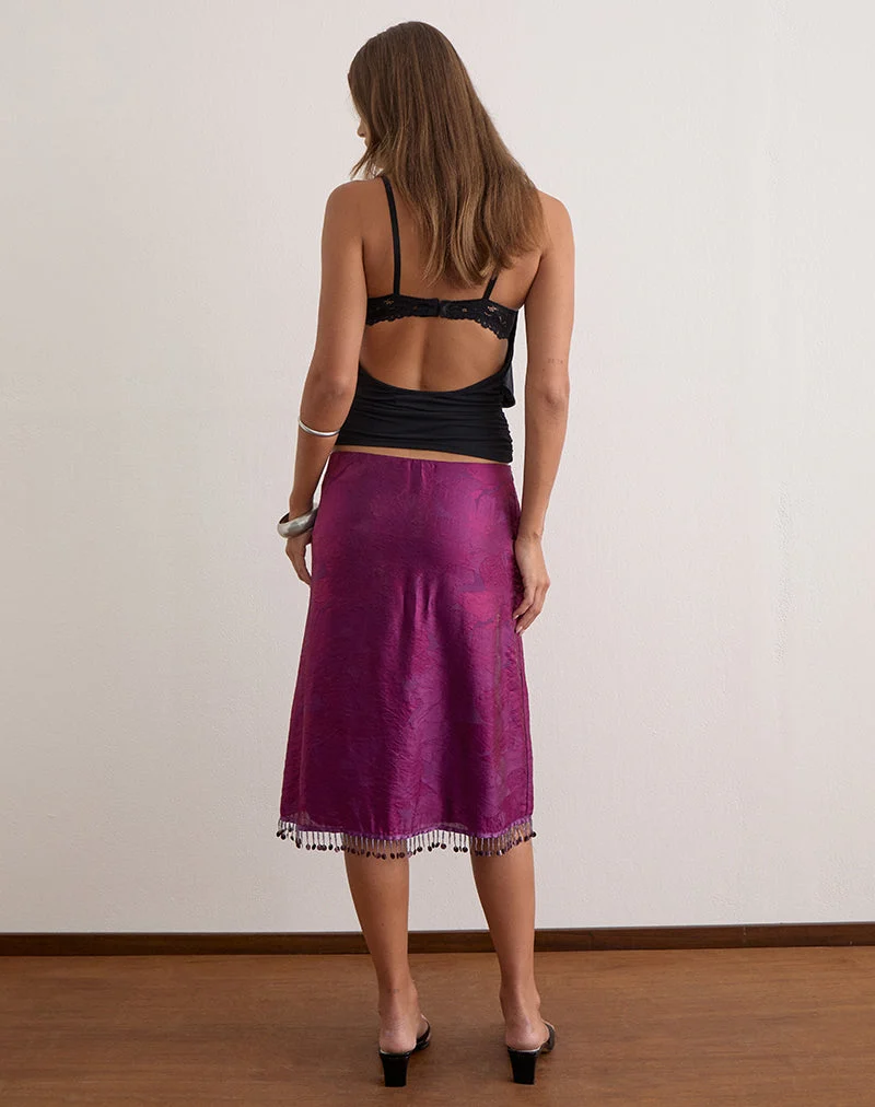 Jupe mi-longue Muriela en mousseline pailletée, violet foncé