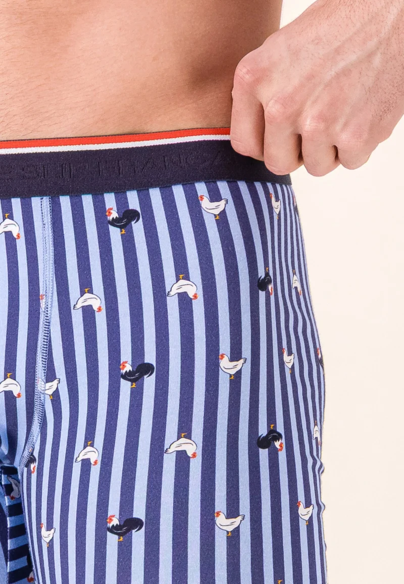 Boxer long à motif rayure coq bleu acier en coton - Michel Rayure Coq Bleu Acier