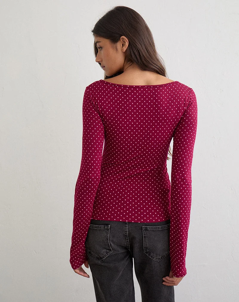 Haut Mazone couleur vin à micro-motifs à pois roses
