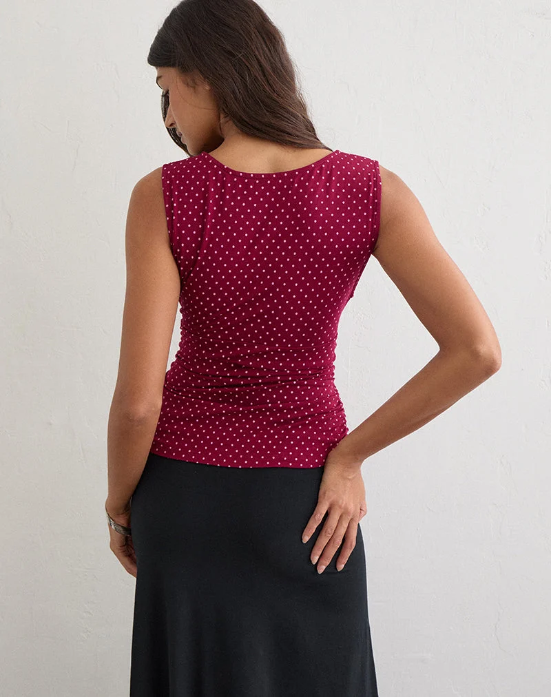 Haut plongeant Lycia, couleur vin, à micro-motifs à pois roses