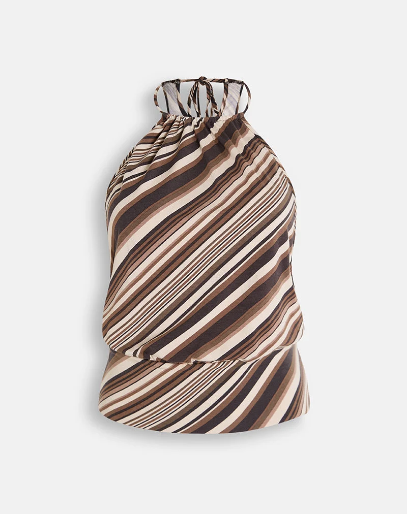 Haut Miruna à col bénitier, rayures mélangées, couleur chocolat