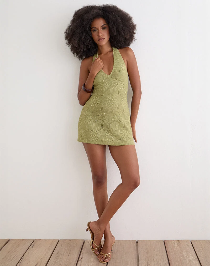 Mini-robe à dos nu Malvara en maille à paillettes, verte