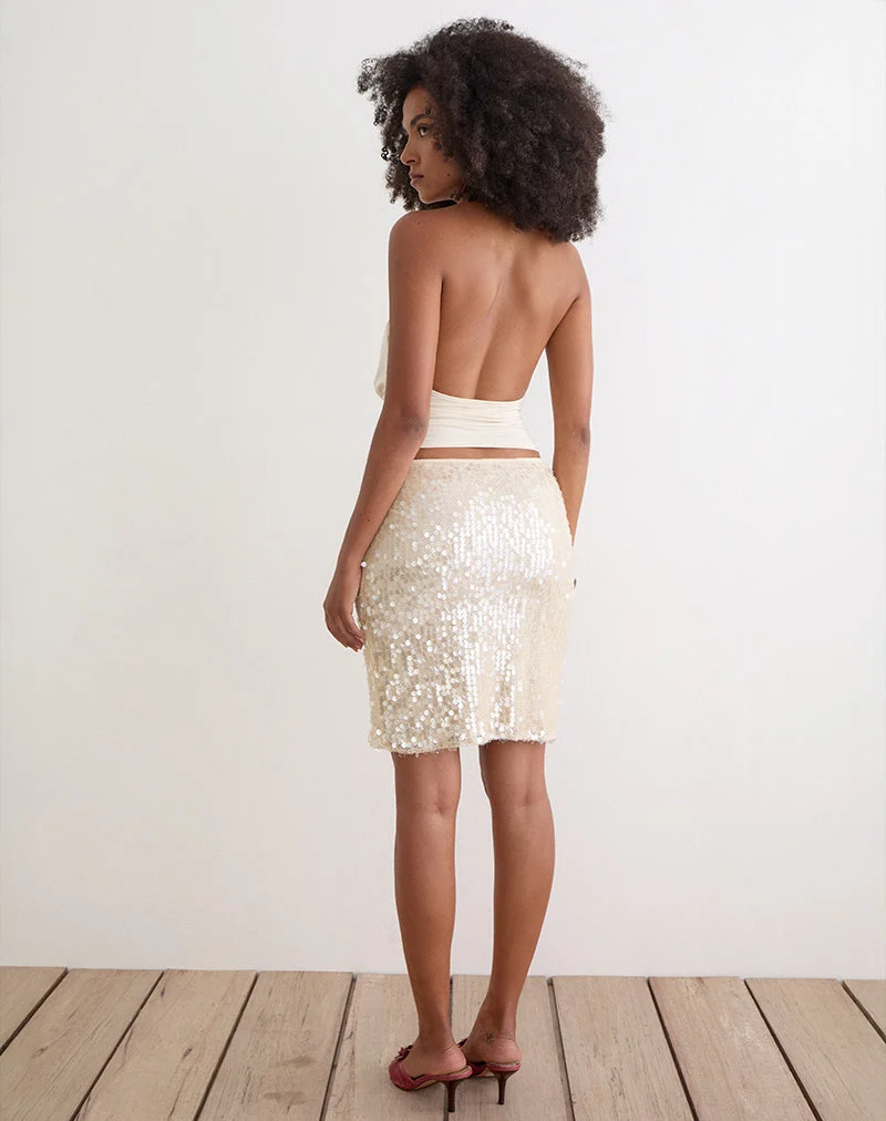 Jupe mi-longue Ranumi en crochet à paillettes, couleur crème