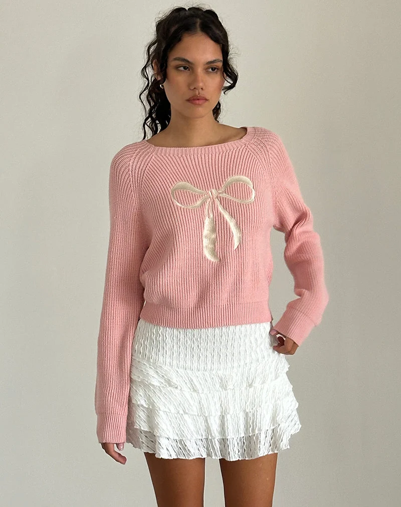 Pull Tami en tricot rose avec broderie de nœuds blancs