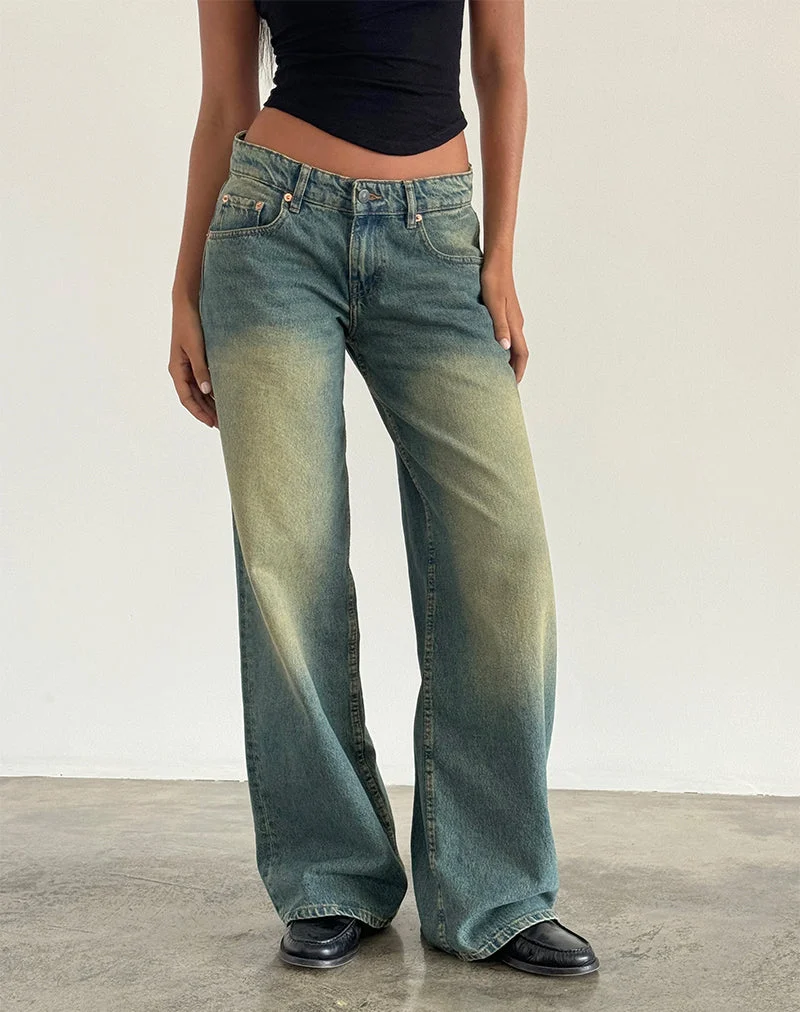 Jean à taille basse extra-large Roomy en vert moyen usé
