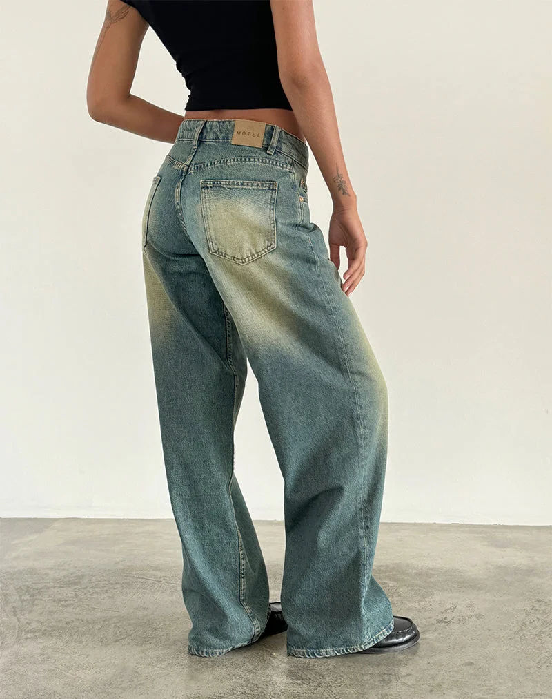 Jean à taille basse extra-large Roomy en vert moyen usé