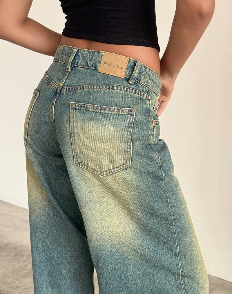 Jean à taille basse extra-large Roomy en vert moyen usé
