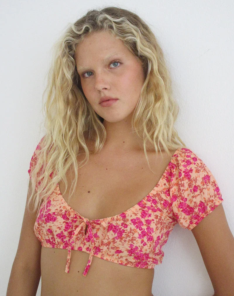 Haut Jiha, motif « Dark Wild Flower » couleur cantaloup