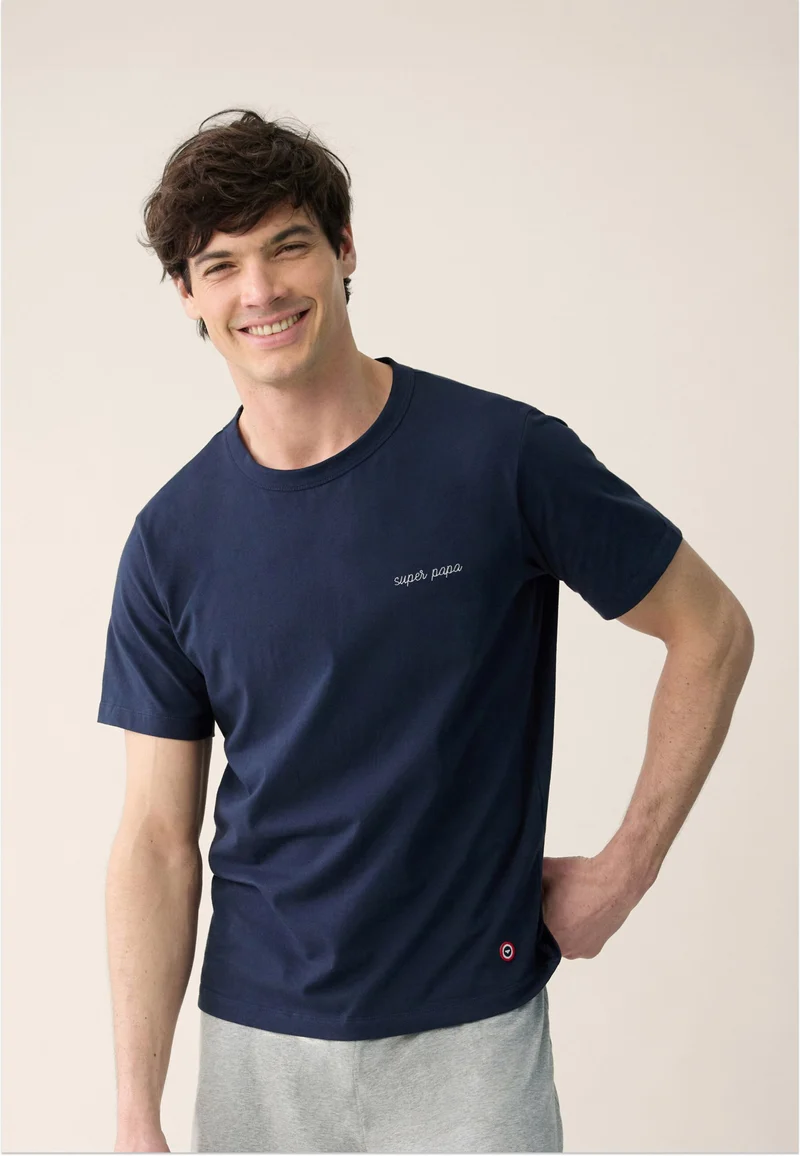 T-shirt homme bleu marine à manches courtes en coton - Formidable Marine Brodé Super Papa