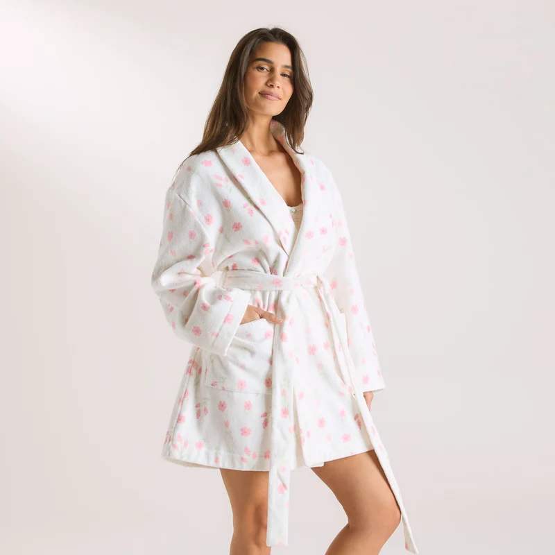 Peignoir en Tissu Éponge - Motif Floral