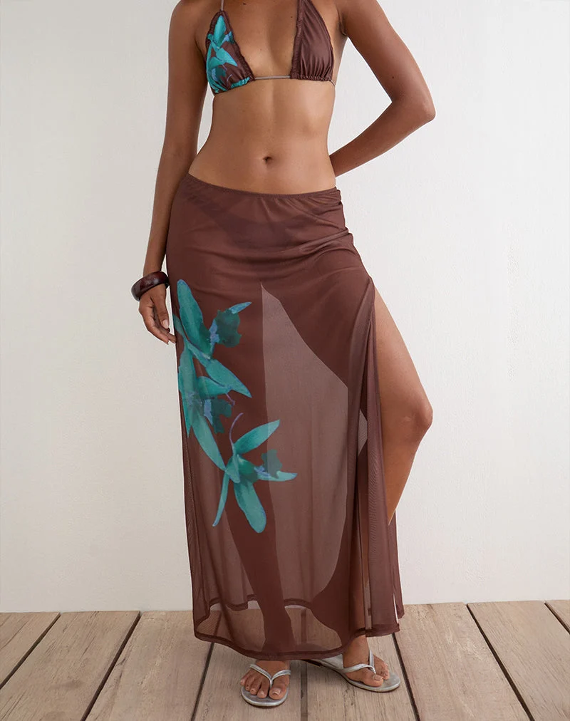 Jupe longue Dartina « Maxi Slip » marron avec motif « Blue Desert Rose »