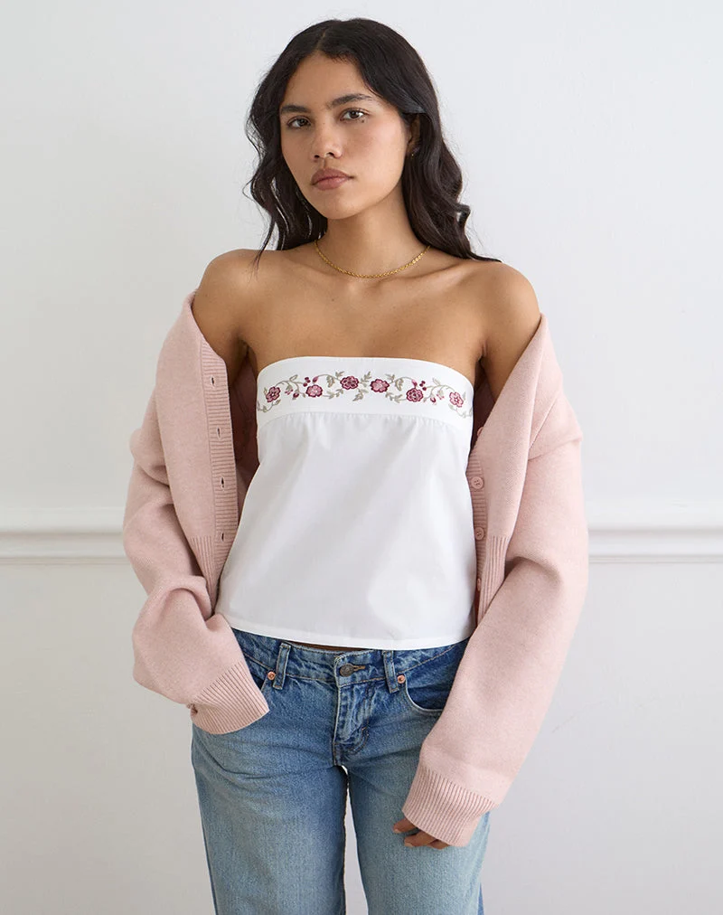 Haut Ahera en popeline blanche avec broderie de fleurs de cerisier