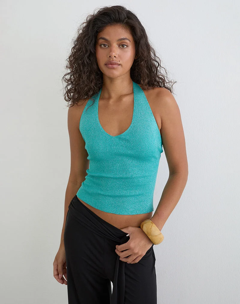 Haut à col halter Mirelda en lurex bleu